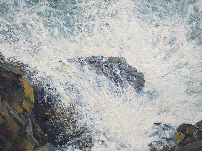 John Speirs, oil on canvas, Seascape, 'Thanks to the ....', signed and inscribed verso, 59 x 80cm, unframed. Condition - good